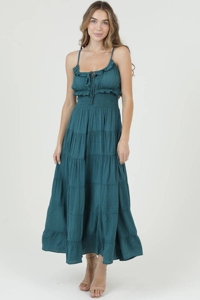 Angie Swiss Dot Ruffle Trim Smocked Waist Tiered Maxi Dress - Dark Sea