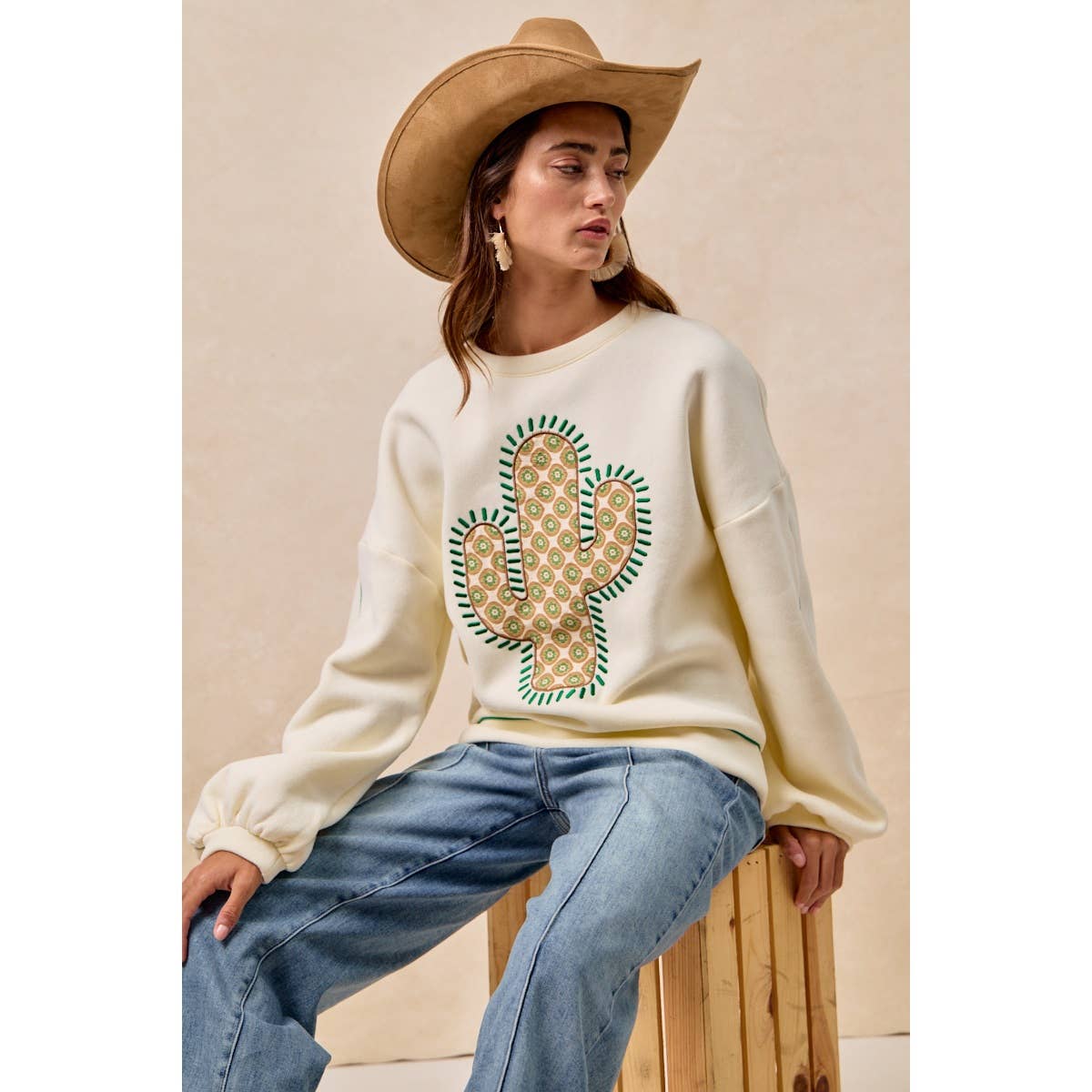 BiBi Cactus Embroidered Fleece Sweatshirt - Cream