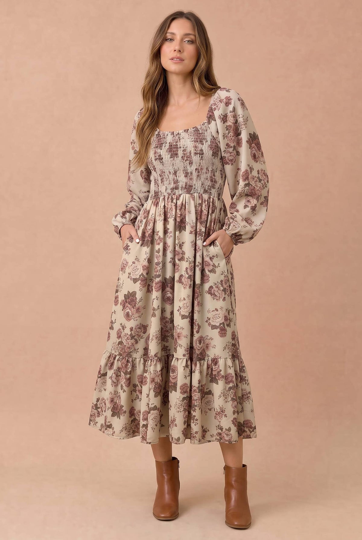 Haptics Women's Floral Smocked Tiered Midi Dress