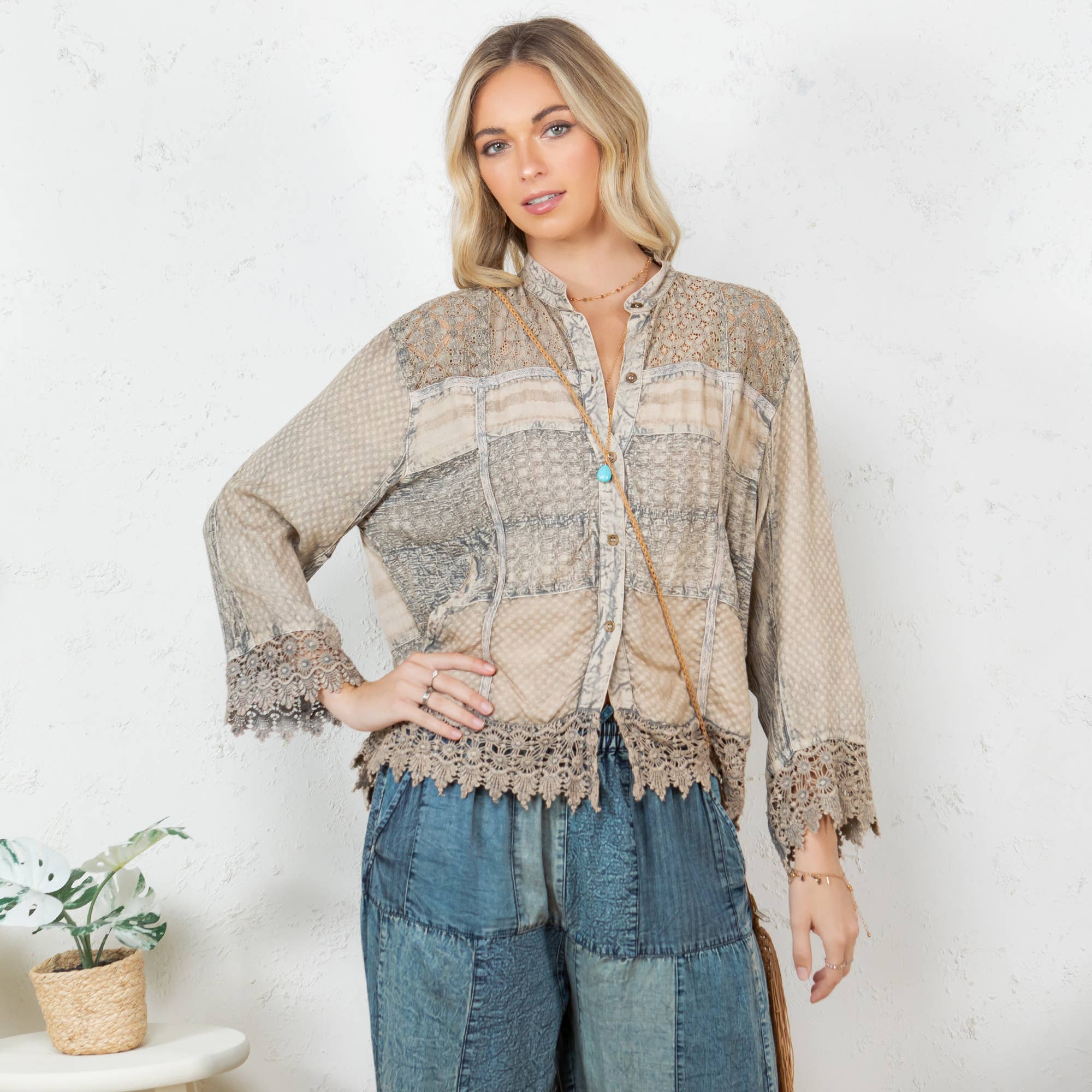 Young Threads Chic Lace Patch Shacket with White Shell Buttons - Latte