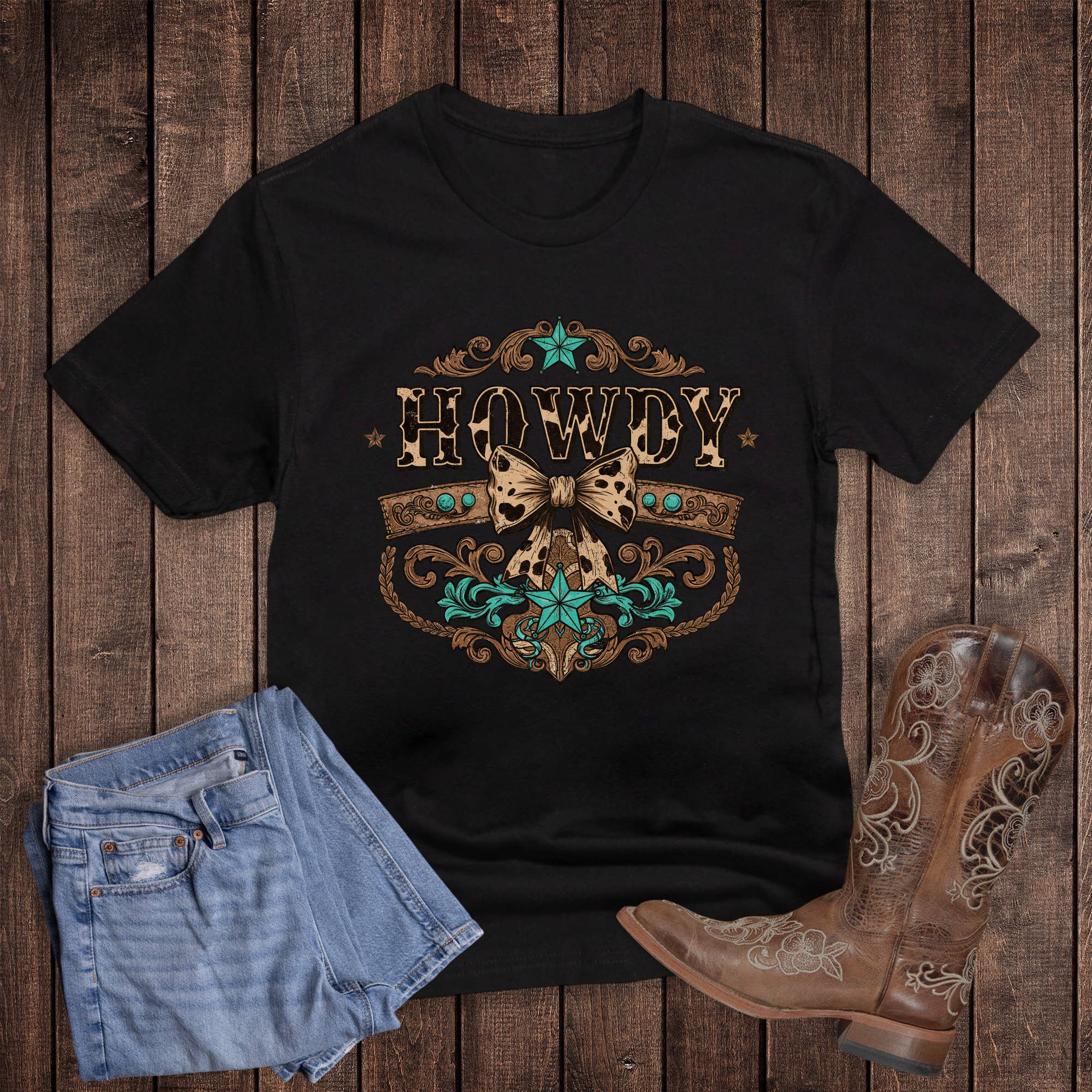 Rebel Rose Western Leather Howdy Bow Graphic Tee - Black