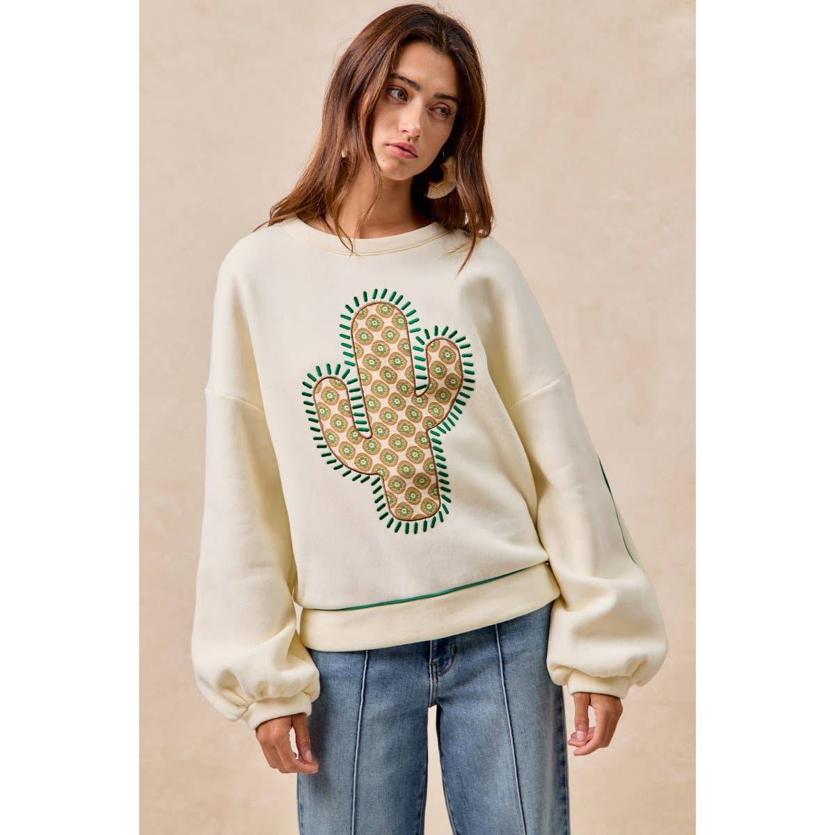 BiBi Cactus Embroidered Fleece Sweatshirt - Cream