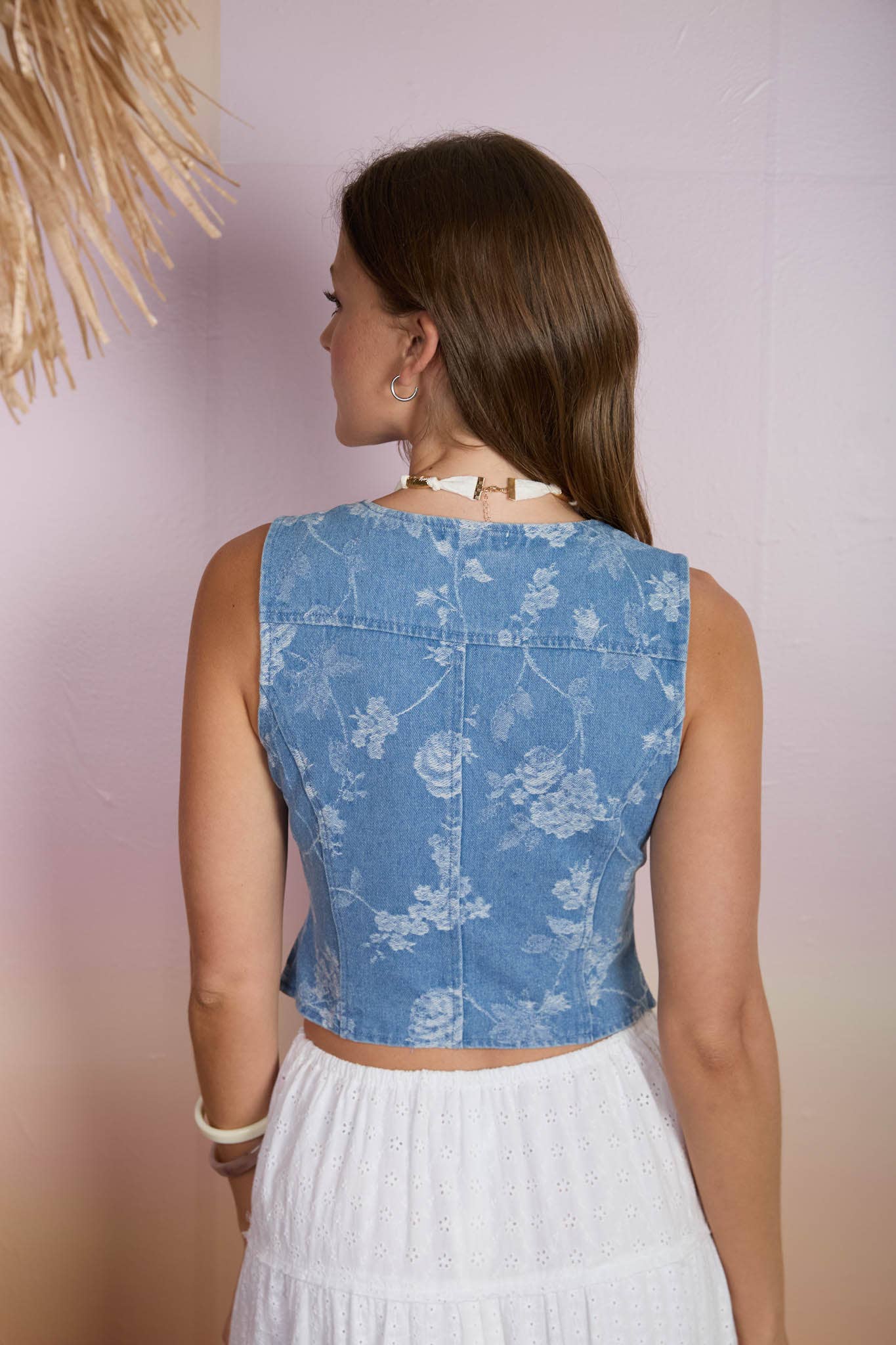 Blu Pepper Floral Jacquard Button Down Denim Vest