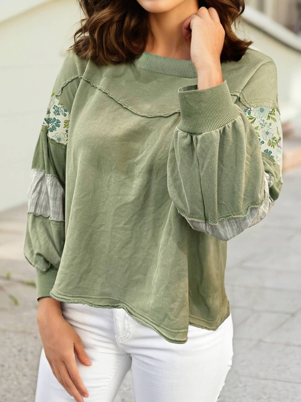 1 the Woman Floral Plaid Mixed Sleeve Raw Edge Relaxed French Terry Top - Laurel Green