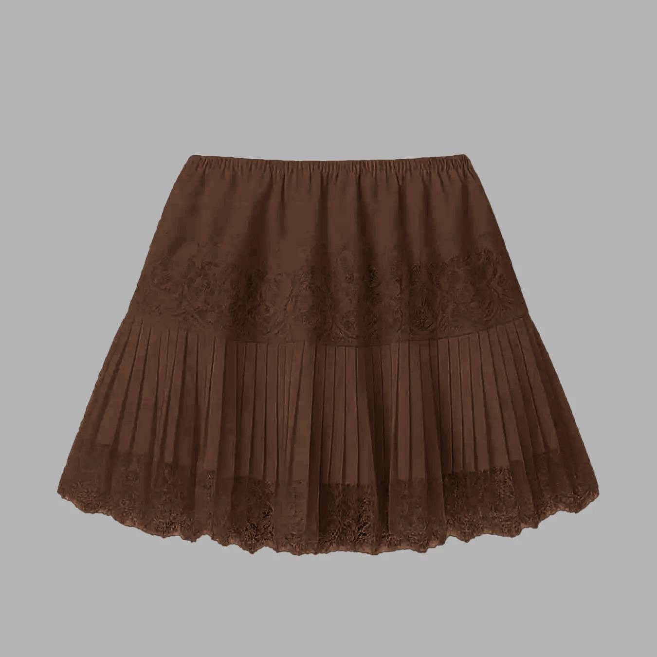 Rosa Clothing High-Rise Pleated Ruffles Mini Lace Skirt - Coffee