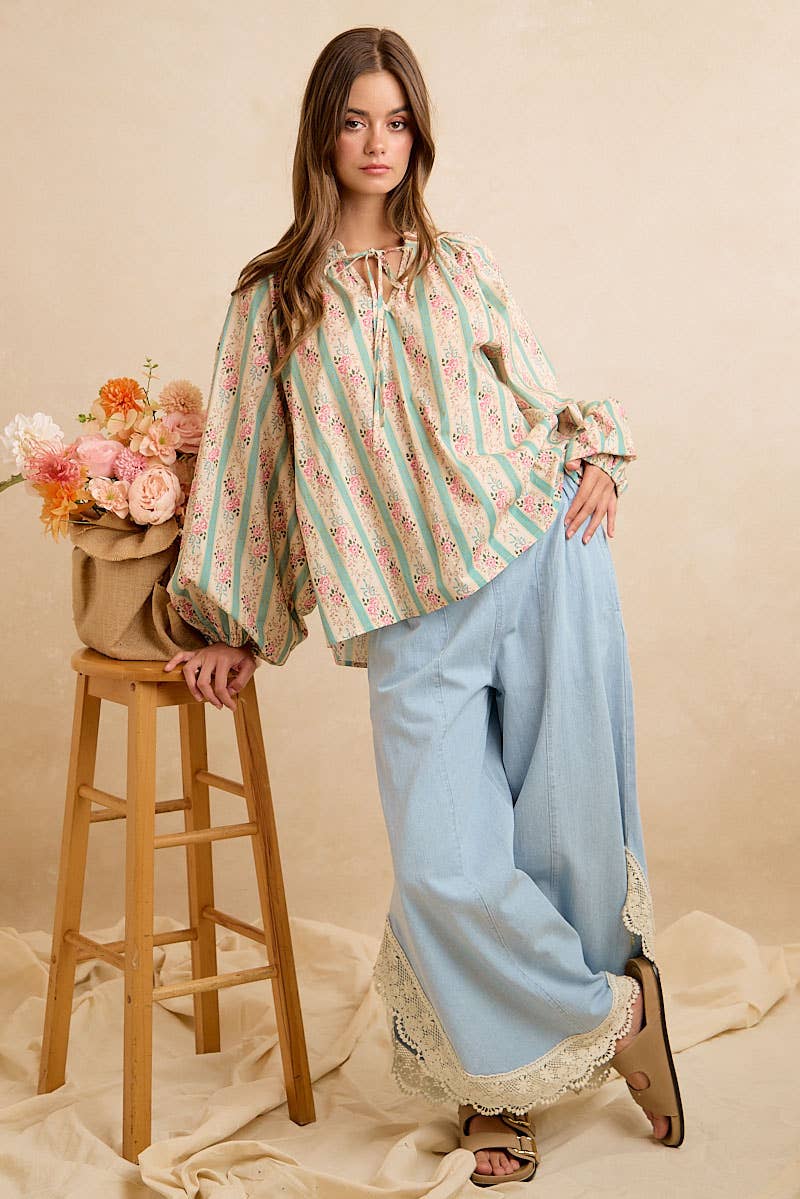 BiBi Wide Leg Crochet Lace with Tulip Hem Jeans - Denim