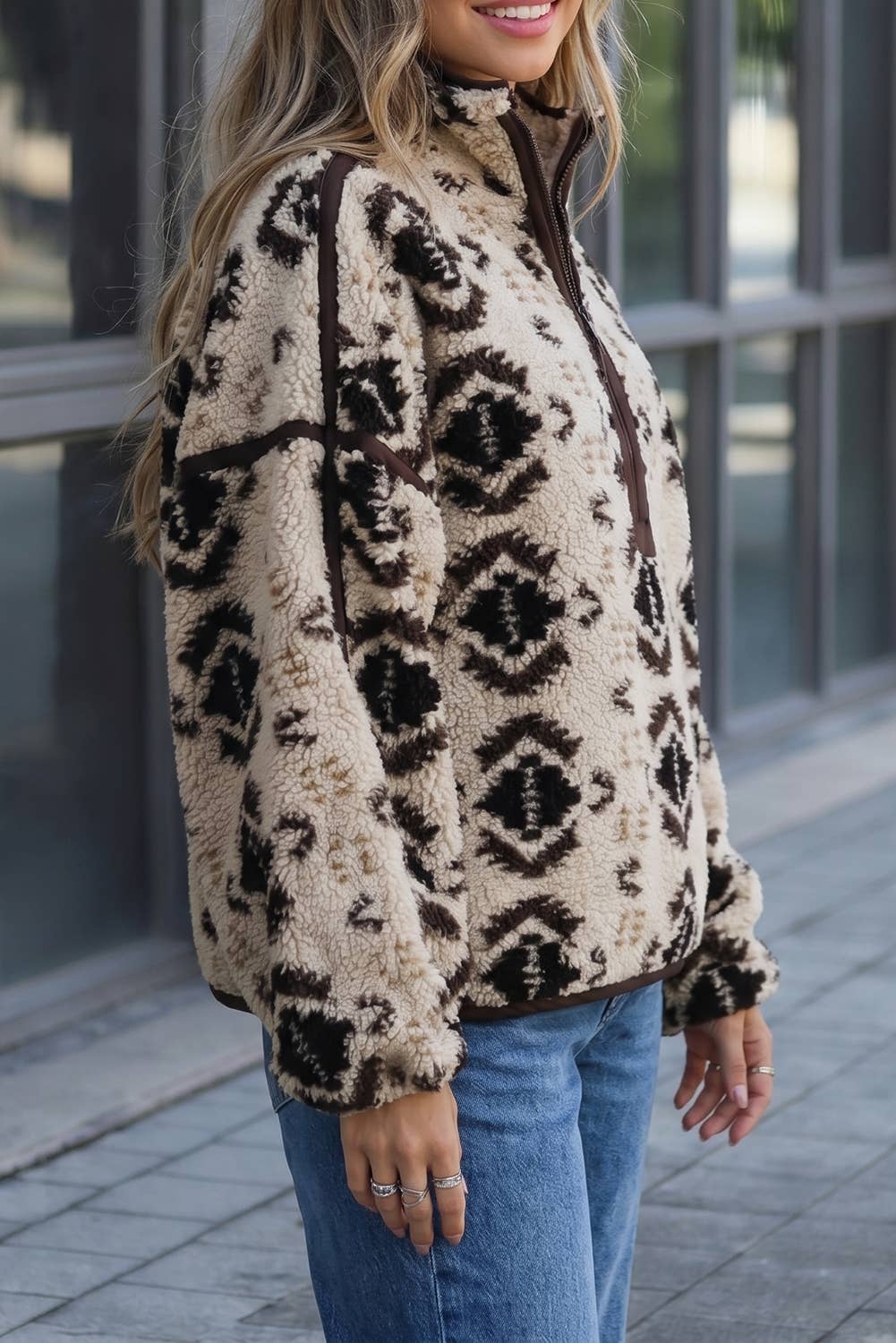 Evela Western Geo-Print Sherpa Fleece Pullover - Khaki