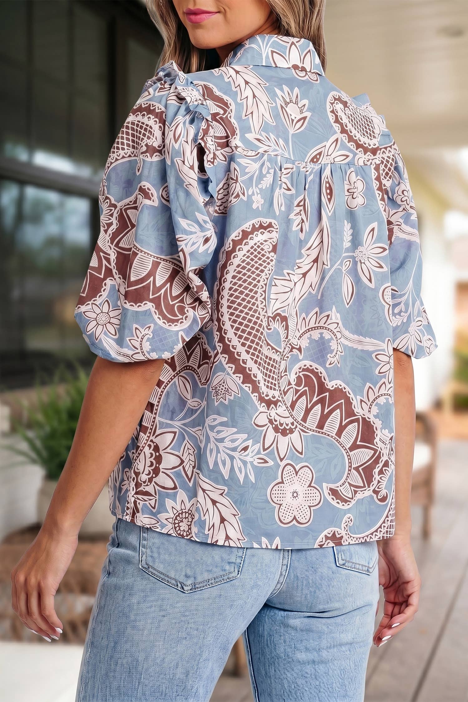 Aapparella Floral Print Scalloped Trim Down Short Sleeve Shirt - Sky Blue