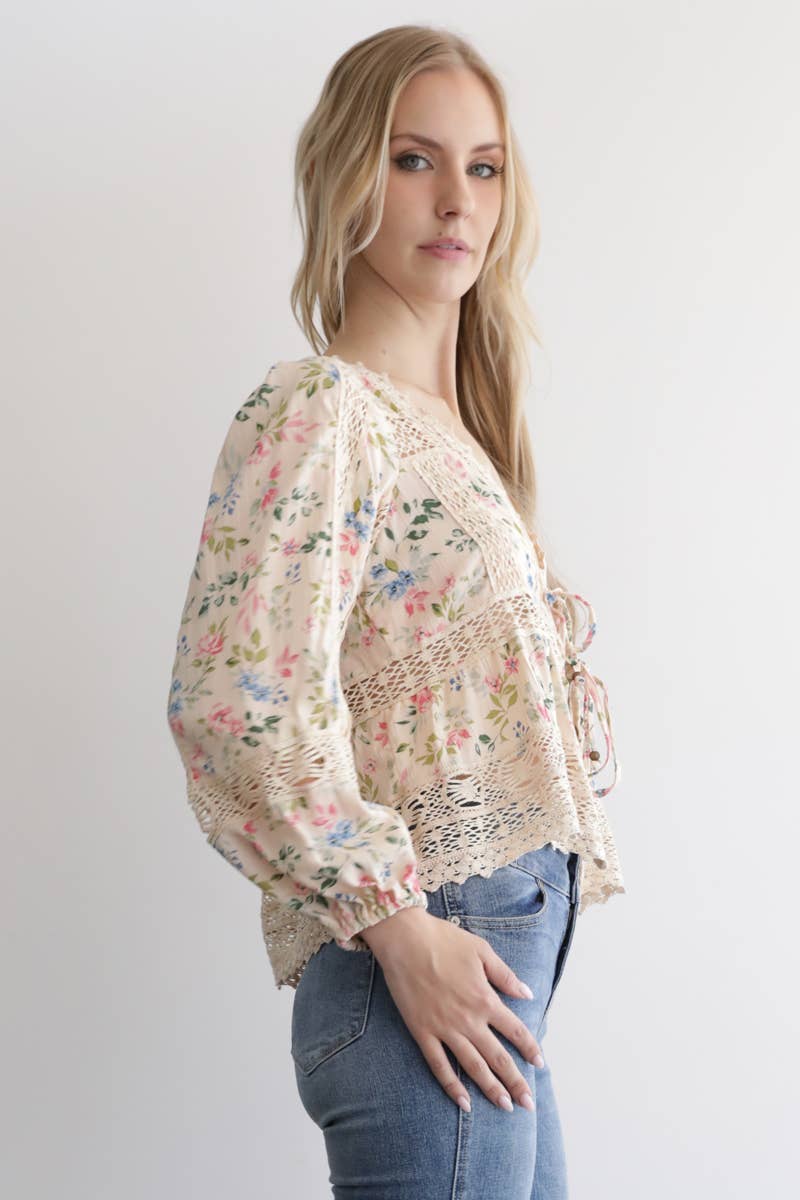 Angie Floral Print Lace Trim Tie Front Top - Sand