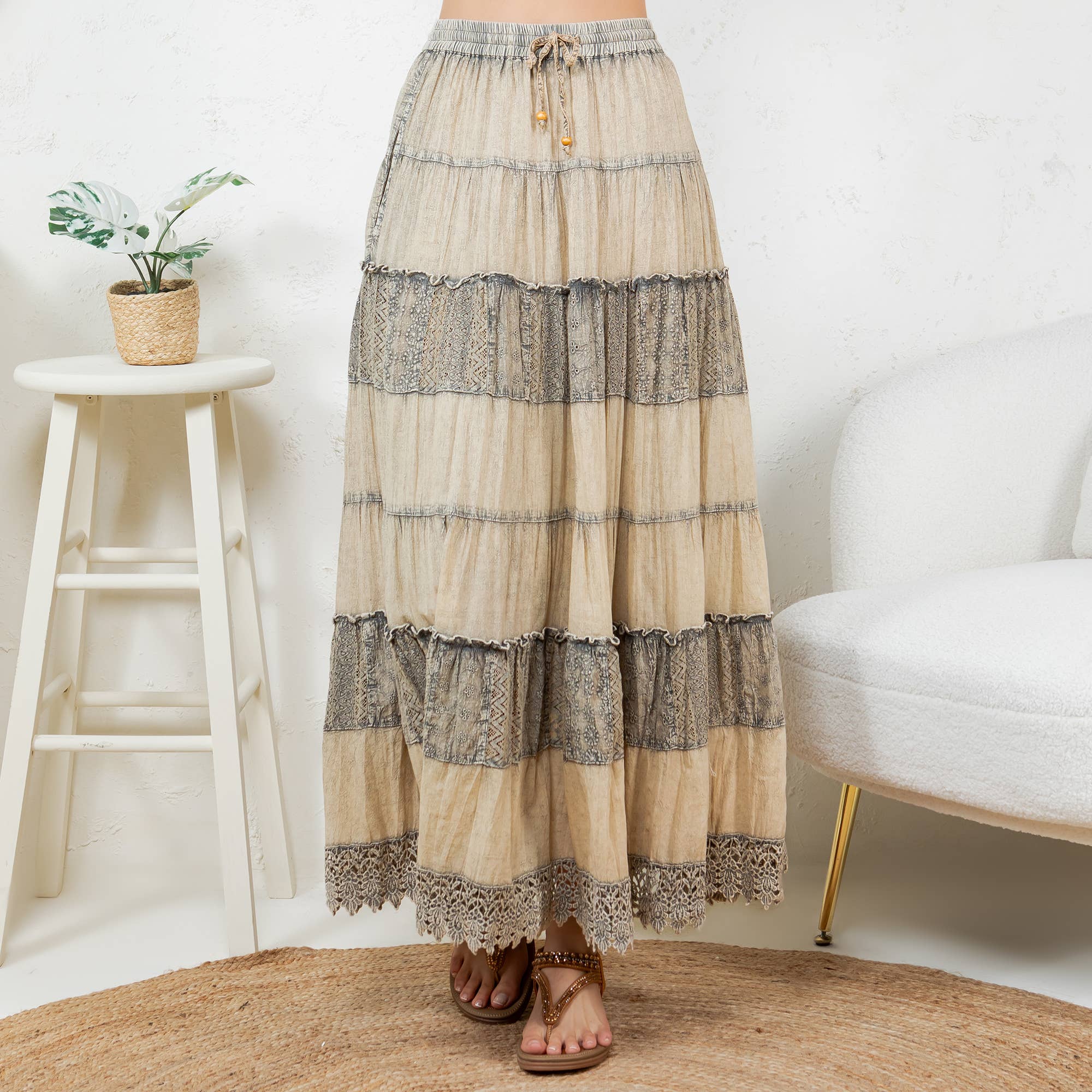 Young Threads 7 Tiered Crinkle Lace Patchwork Skirt with Pocket - Gravel