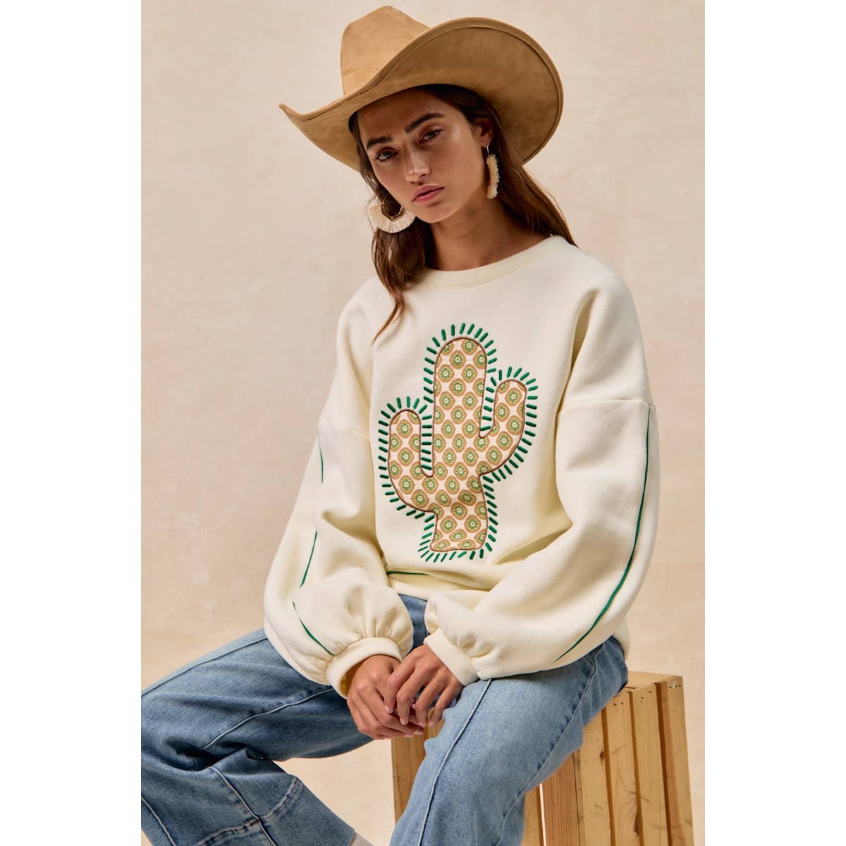 BiBi Cactus Embroidered Fleece Sweatshirt - Cream