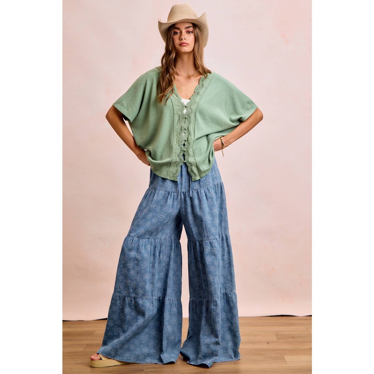 BiBi Floral Tiered Flare Denim Pants - Denim