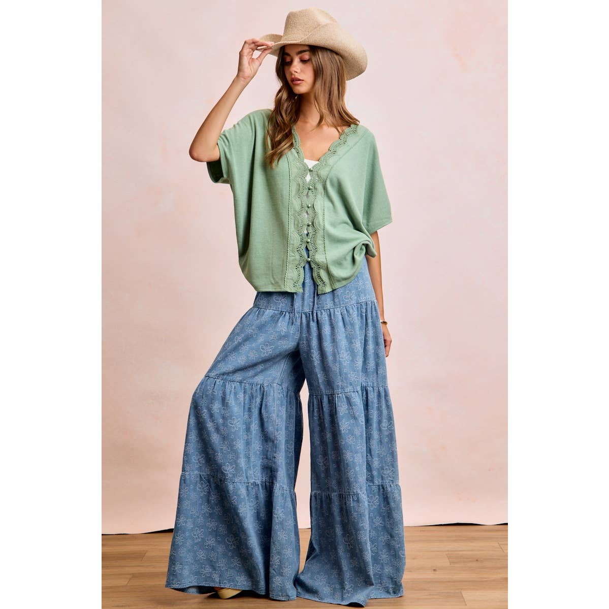 BiBi Floral Tiered Flare Denim Pants - Denim