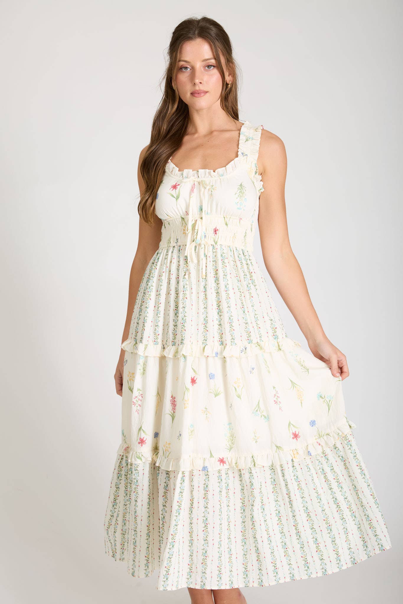 Blu Pepper Floral Colorblock Ruffled Tiered Midi Dress - Ivory Multi