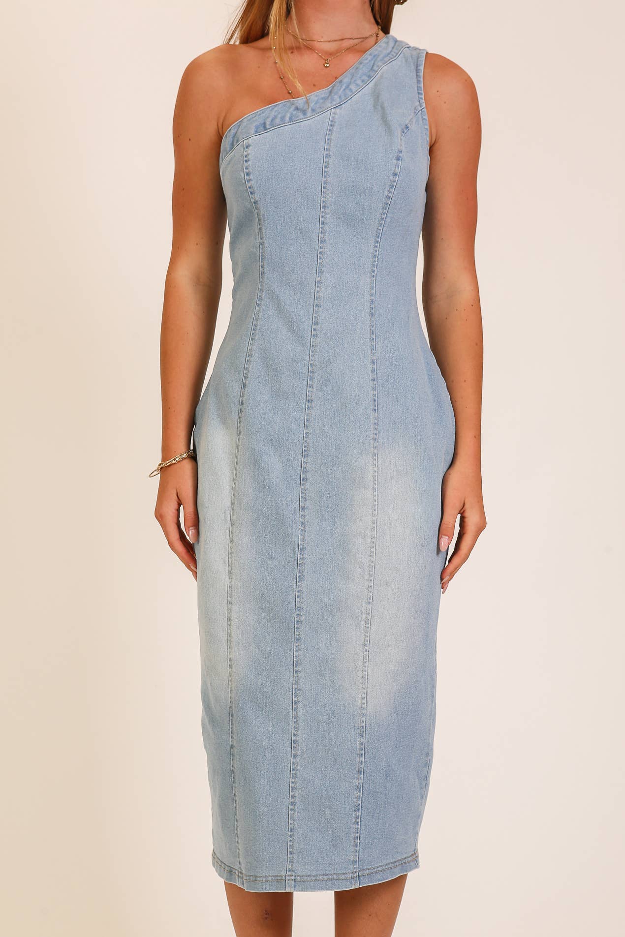TIMING Stretchy Denim One Shoulder Midi Dress - Light Denim