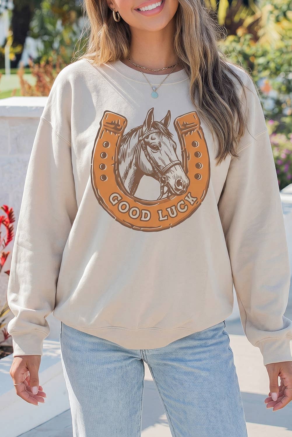 Evela Inc Western Horse Print Oversized Sweatshirt Daily Wear Pullover - Beige
