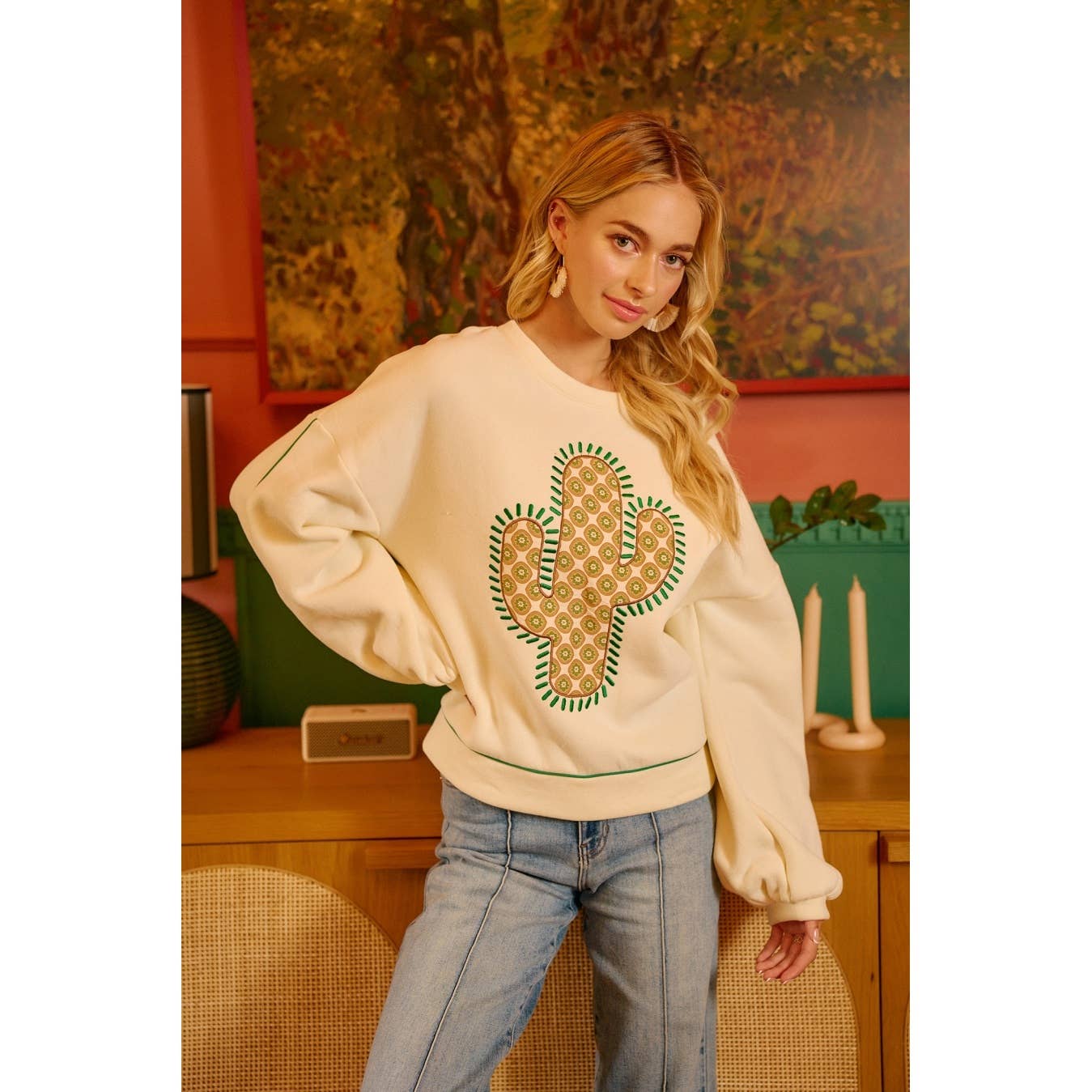 BiBi Cactus Embroidered Fleece Sweatshirt - Cream