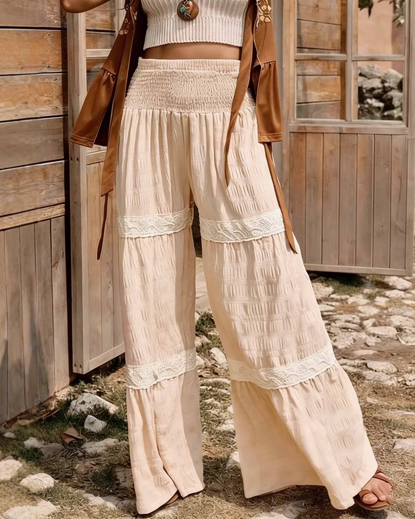 HIDDENBRAND Western High-Waist Elastic Pleated Lace Decor Pants - Apricot