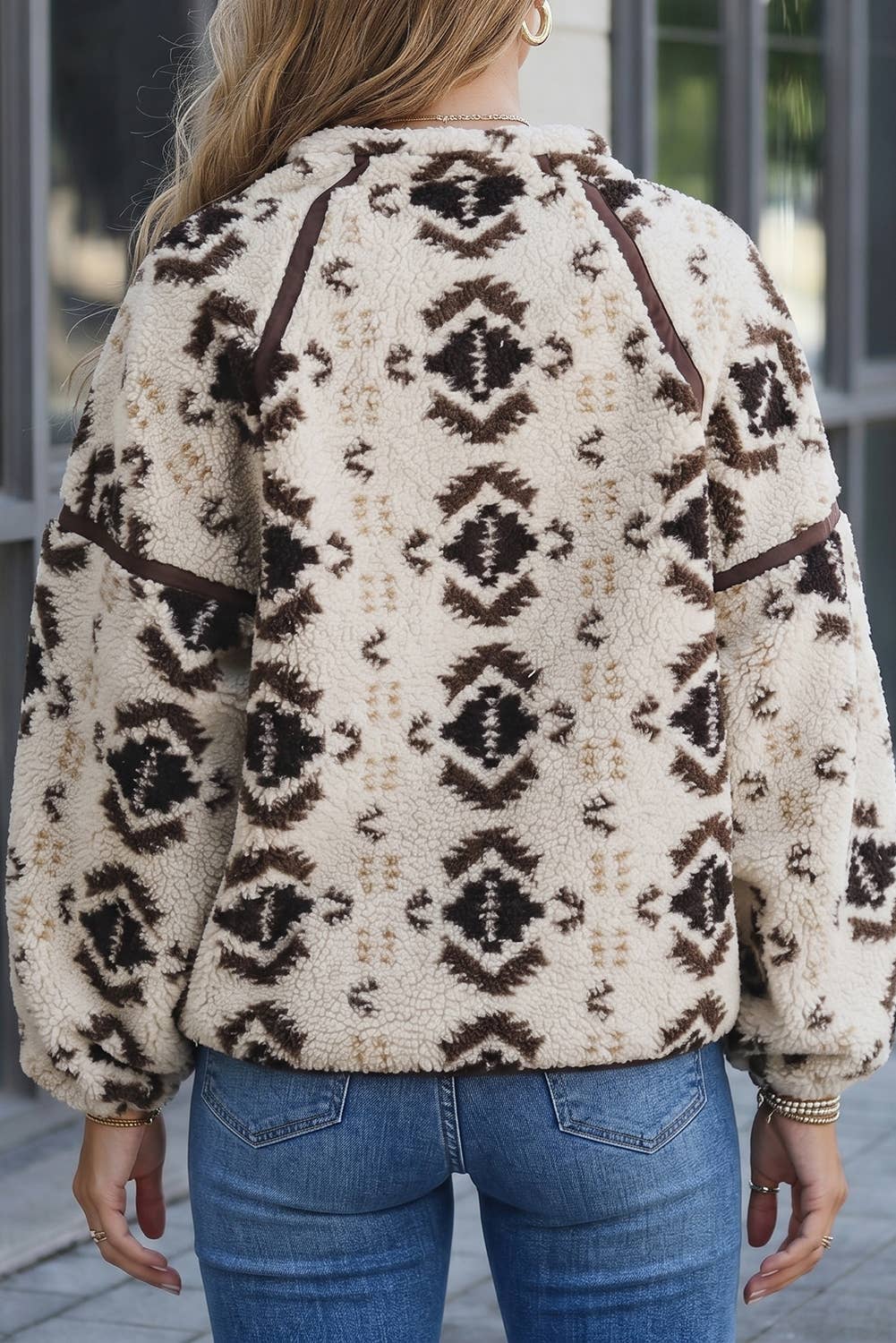 Evela Western Geo-Print Sherpa Fleece Pullover - Khaki
