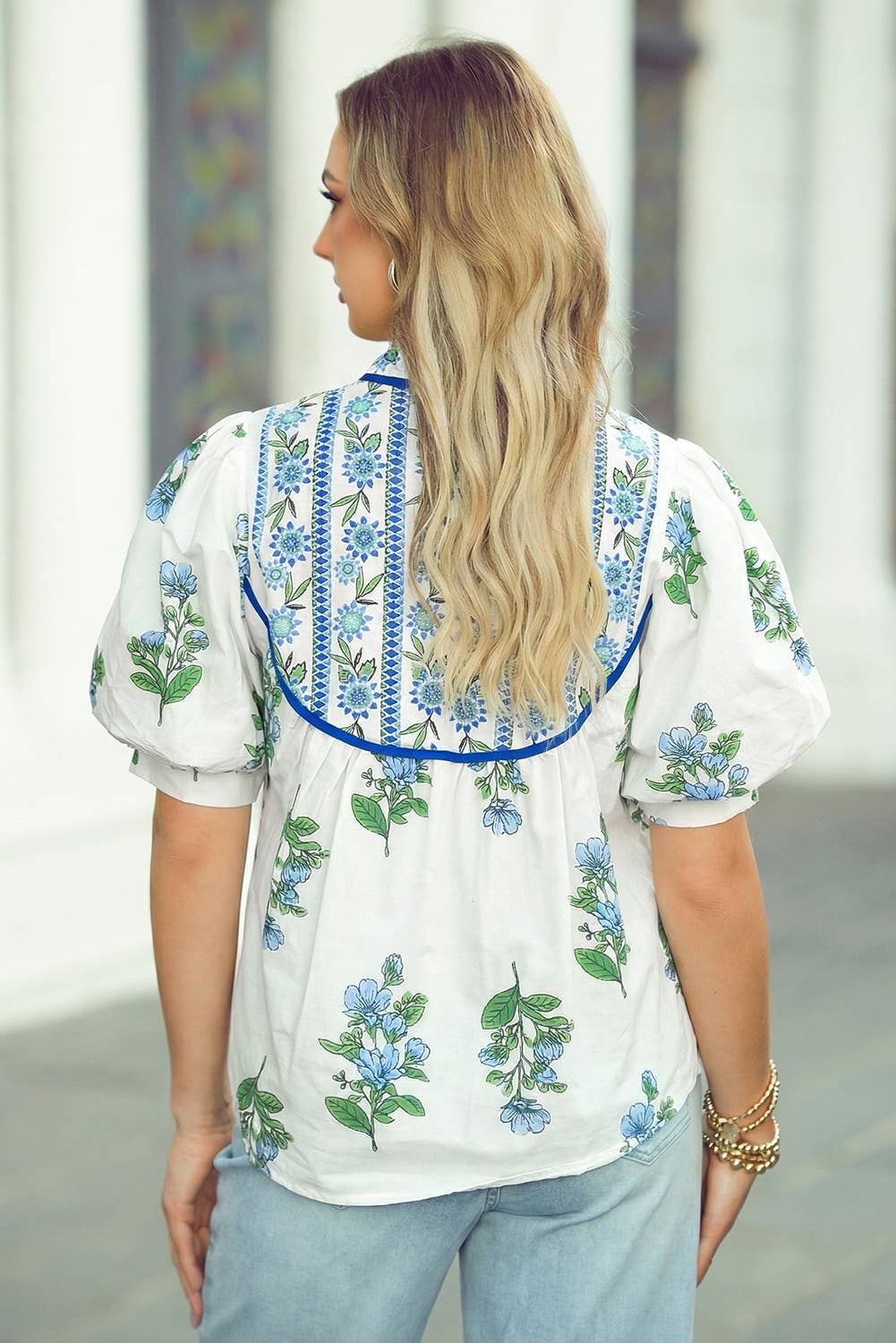 1 The Woman Bohemian Puff Sleeve Top w/ Royal Blue Piping and Ties - White