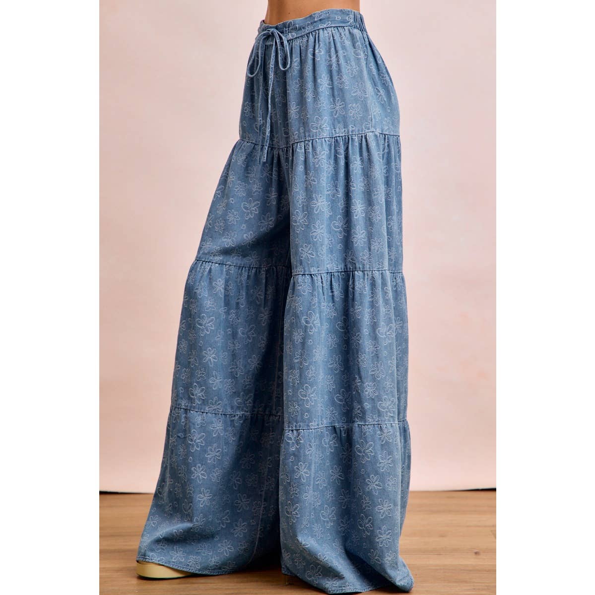 BiBi Floral Tiered Flare Denim Pants - Denim
