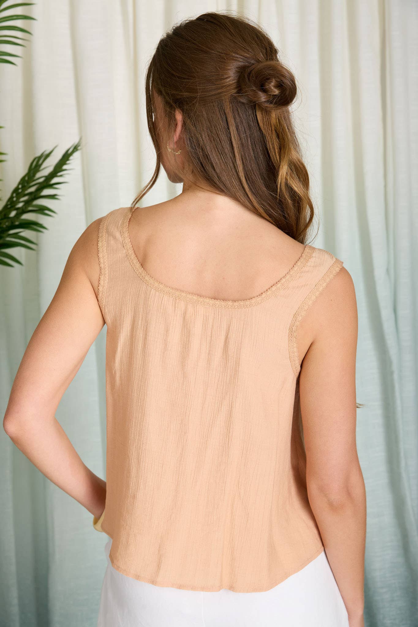 Blu Pepper Lace Trim Front Tie Button Down Sleeveless Top - Dusty Apricot