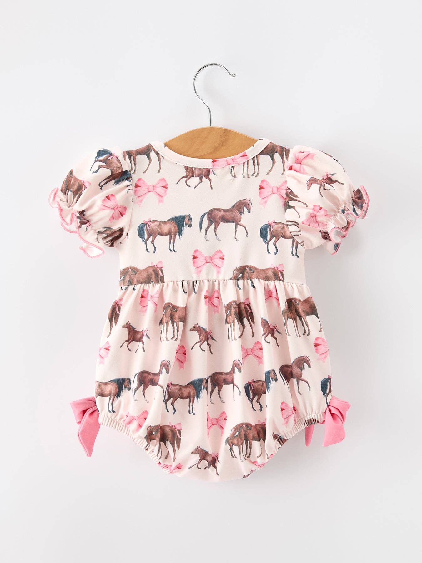 Rylee Faith Designs Western Horse Smocked Girls Romper Bow Ruffle Short Sleeve