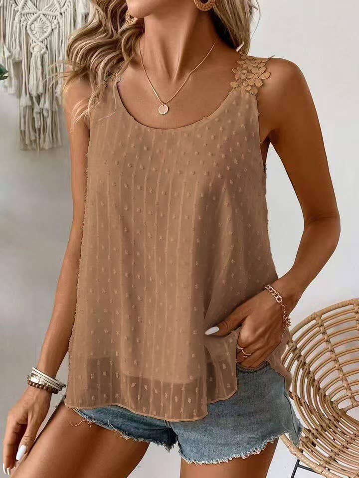 HIDDENBRAND Lace Chiffon Camisole Summer Elegant Tank Top - Camel
