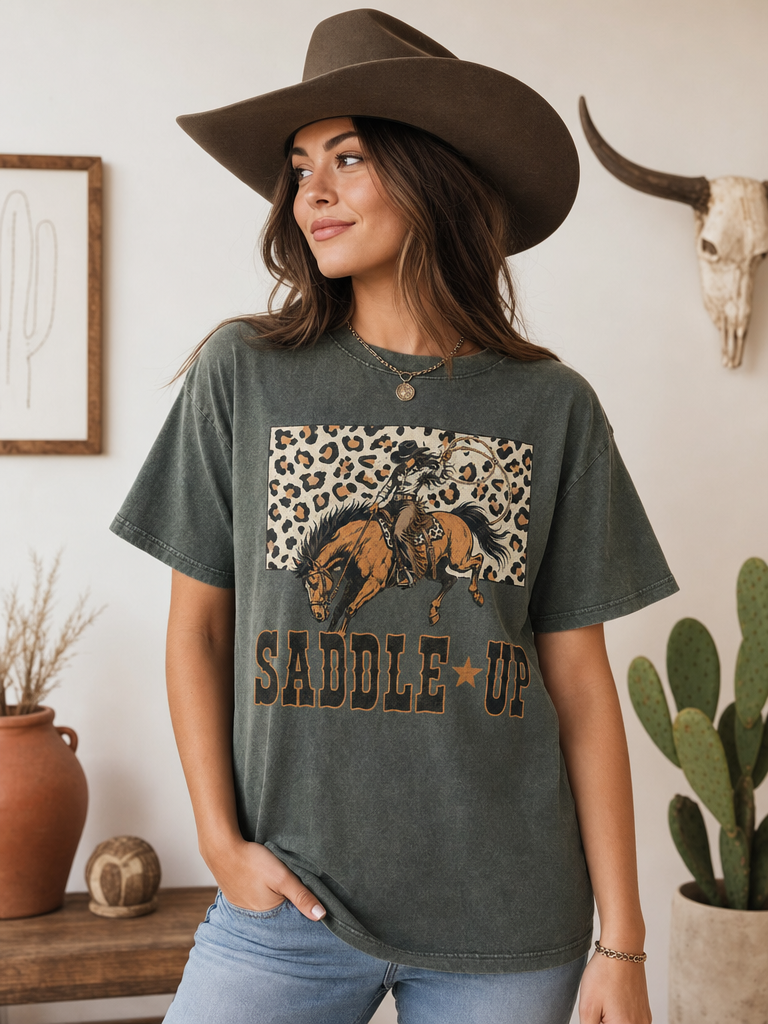 Avery Apparel Saddle Up Cowgirl Graphic Mineral Wash T-Shirt - Army Green