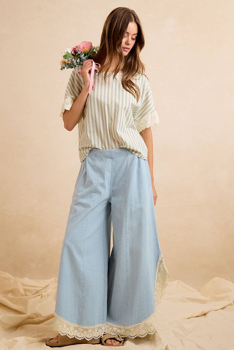 BiBi Wide Leg Crochet Lace with Tulip Hem Jeans - Denim
