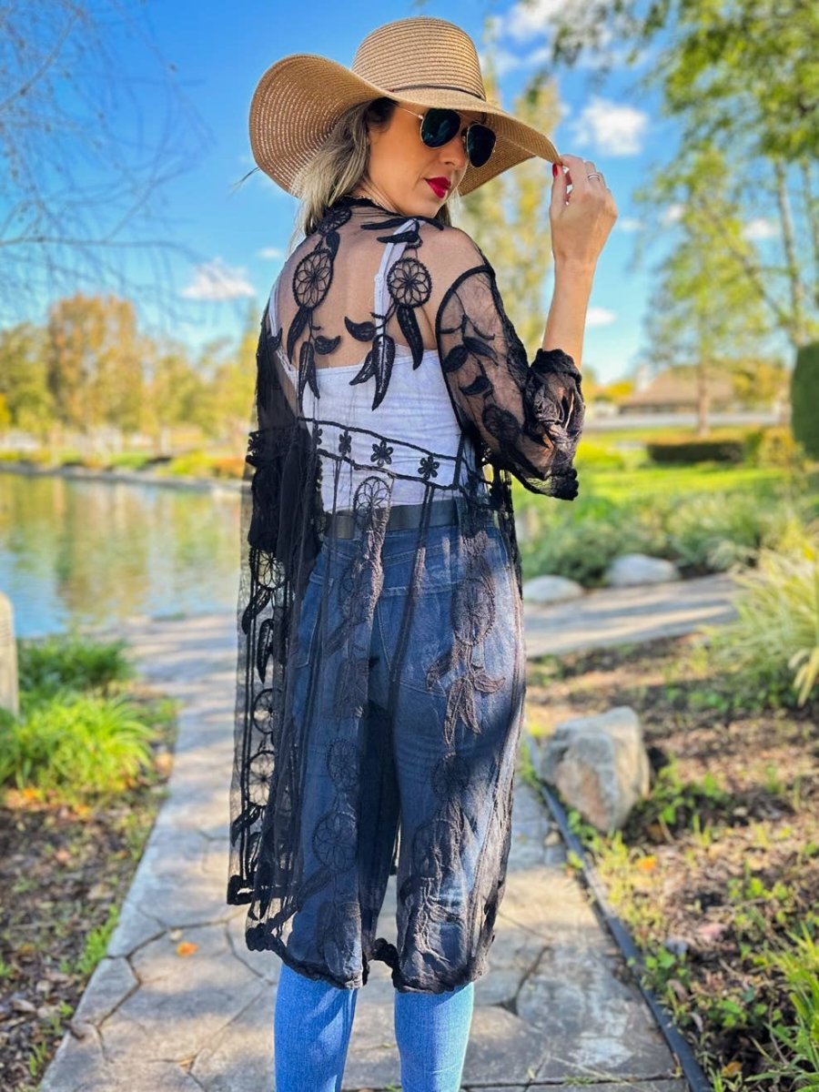 AMOLI Black Dream Catcher Printed Lace Sheer Lightweight Kimono Black - One Size - ECD10530