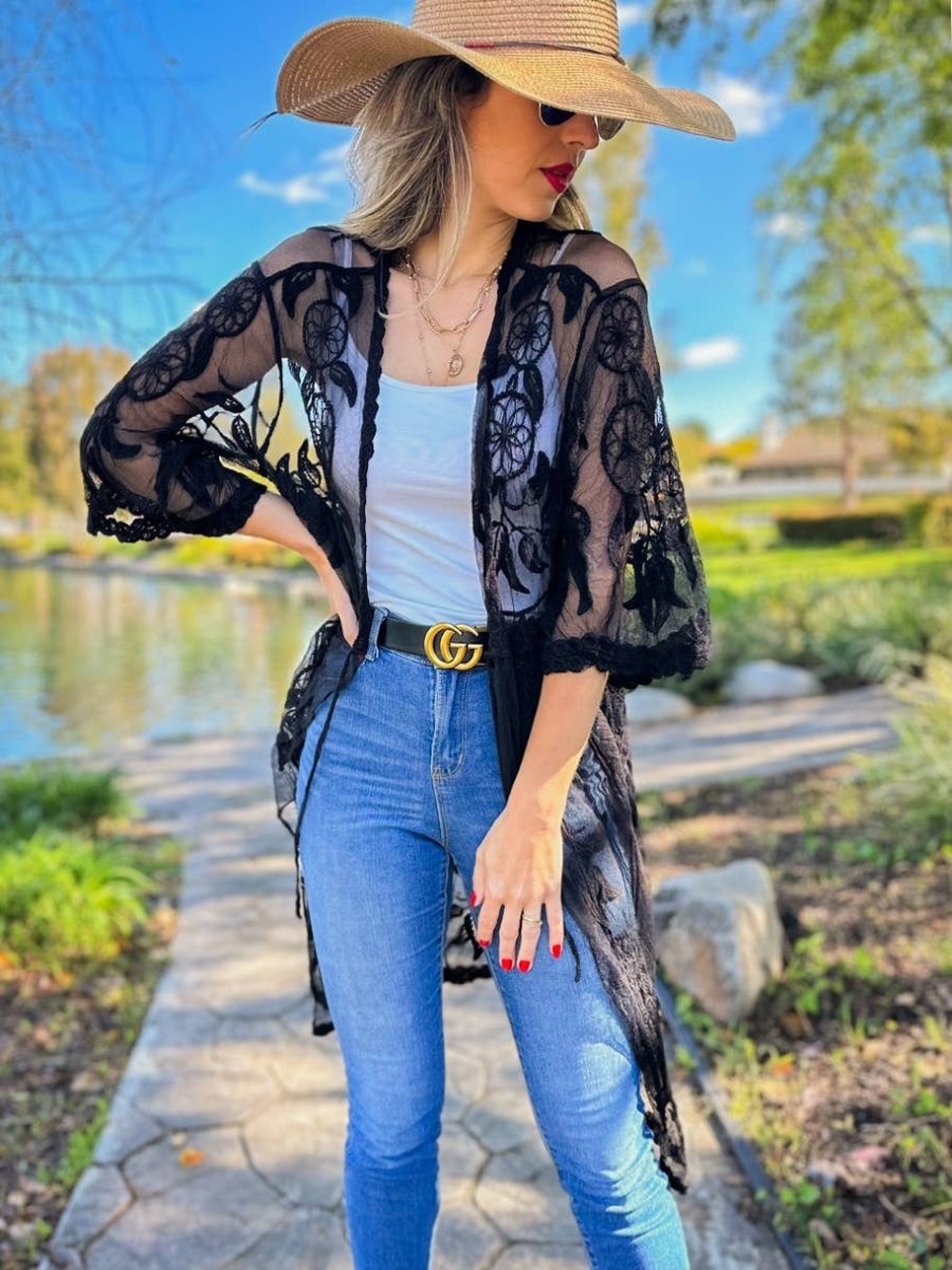 AMOLI Black Dream Catcher Printed Lace Sheer Lightweight Kimono Black - One Size - ECD10530