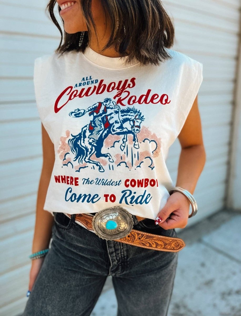 Arrow F Apparel Wildest Cowboy Western Graphic Cropped Muscle Tank - Vintage White Cream - WILDESTCOWBOY-S