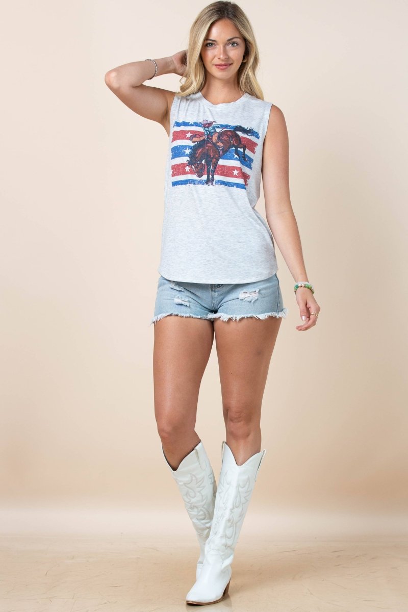 Avery Apparel Newton American Cowgirl Graphic Sleeveless Top - Heather Grey/Blue/Red - AV079-NEWTON-S