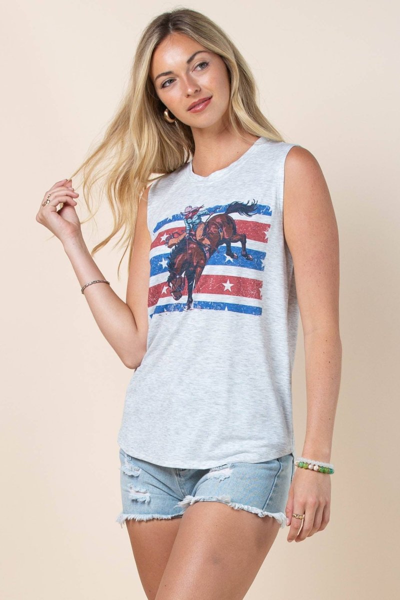 Avery Apparel Newton American Cowgirl Graphic Sleeveless Top - Heather Grey/Blue/Red - AV079-NEWTON-S