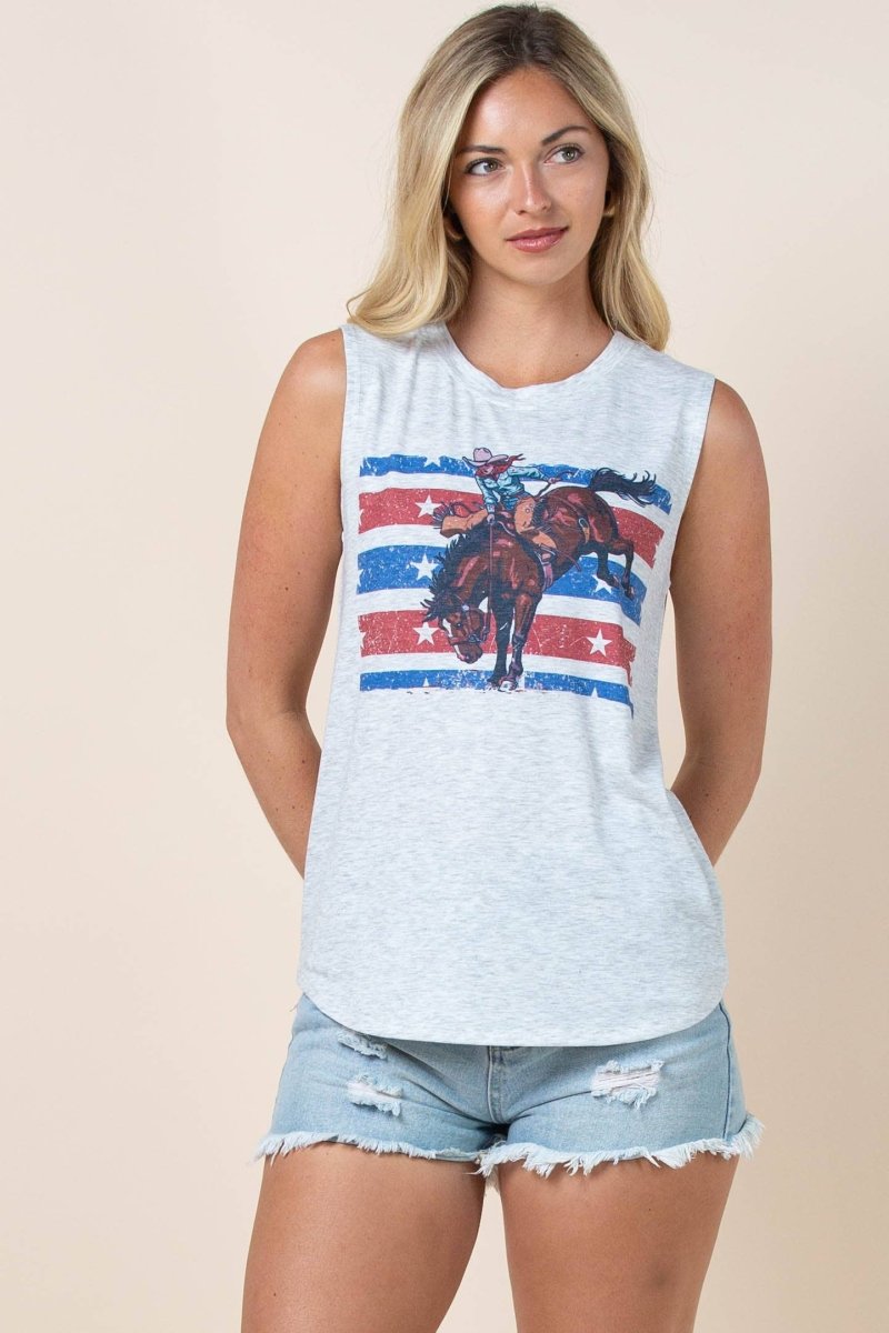 Avery Apparel Newton American Cowgirl Graphic Sleeveless Top - Heather Grey/Blue/Red - AV079-NEWTON-S