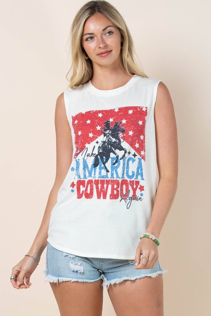 Avery Apparel Rodin Make America Cowboy Again Graphic Top - Ivory/Blue/Red - AV079-RODIN-S