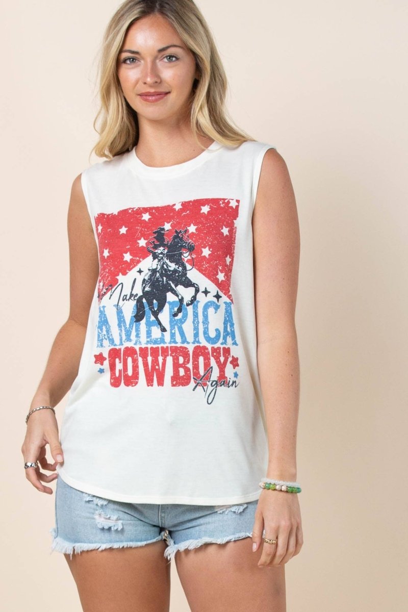Avery Apparel Rodin Make America Cowboy Again Graphic Top - Ivory/Blue/Red - AV079-RODIN-S
