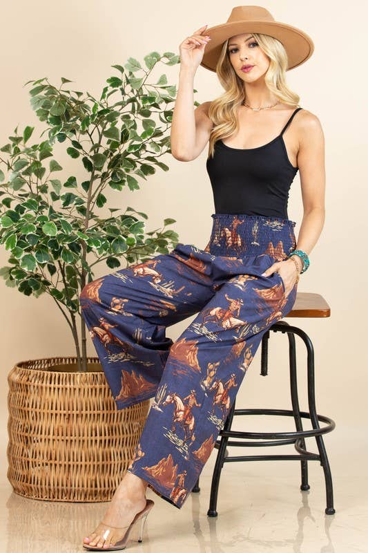 Avery Apparel Wally Western Cowboy Denim Print Woven Pants - Denim Blue - AV1243-WALLY-S