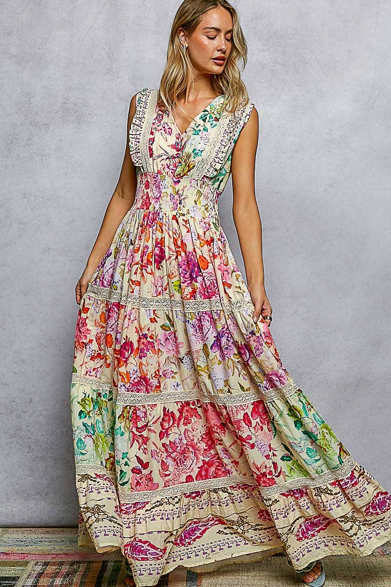 Pol Feminine V-Neck Smocked Waist Ruffle Floral Maxi Dress - Cream