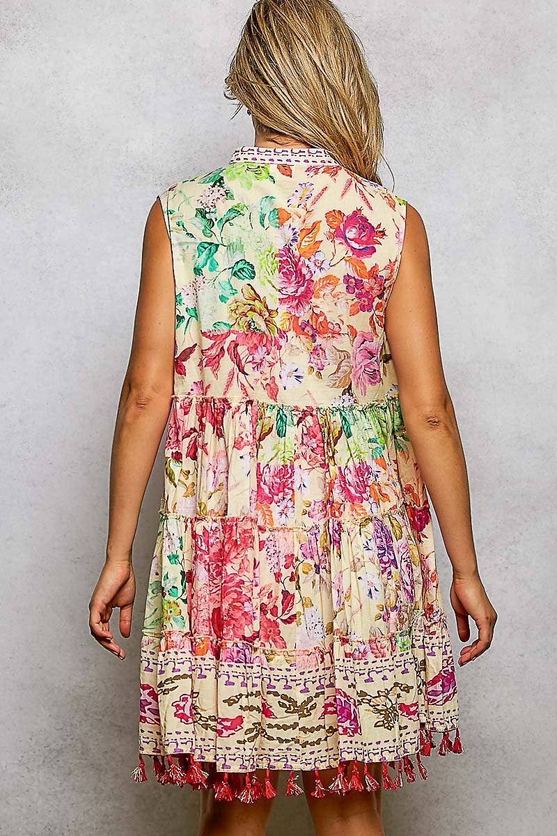 Pol Cotton Button Closure Floral Tassel Bead Sleeveless Dress - Cream