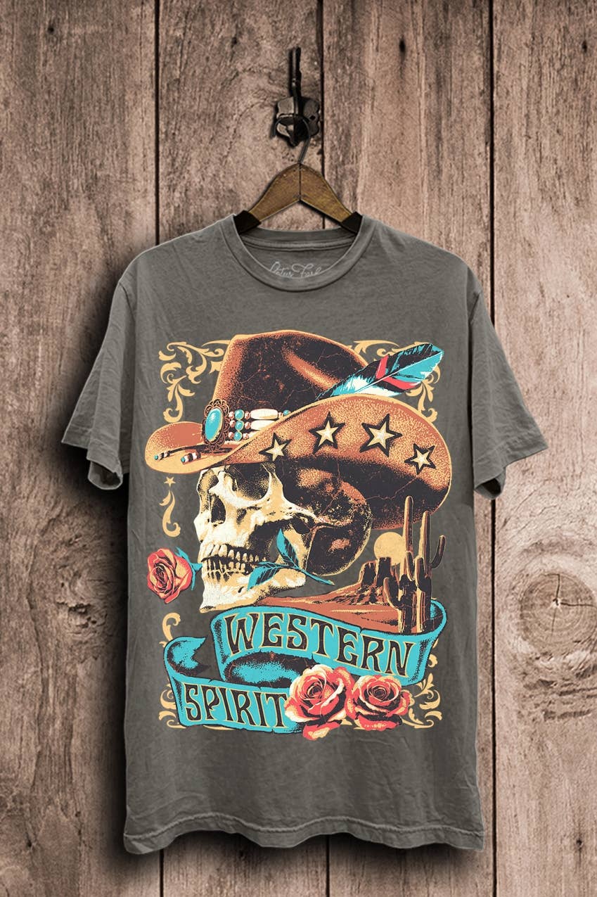 Lotus Fashion Collection Western Spirit Graphic Top - Stone Gray Mineral Wash