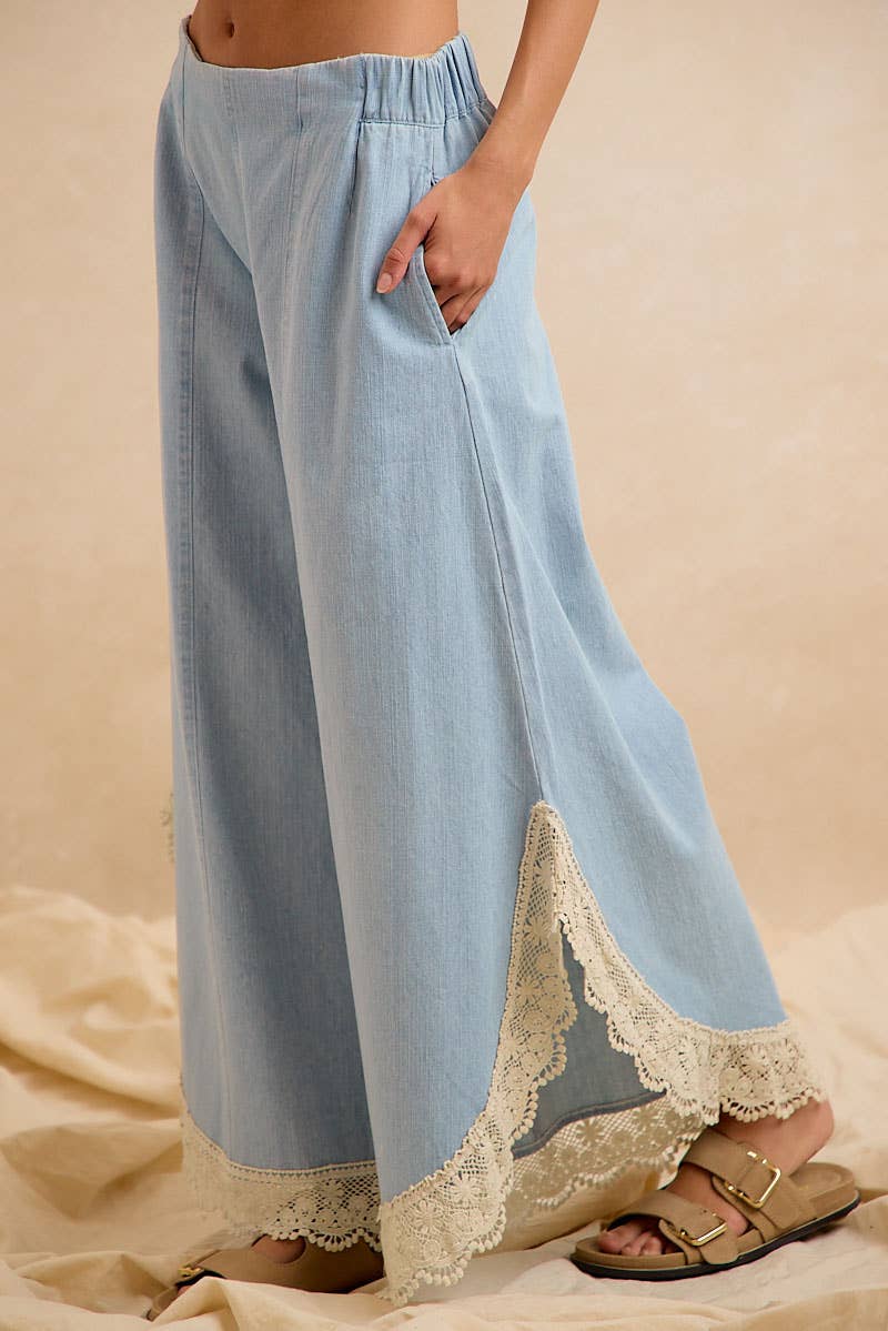 BiBi Wide Leg Crochet Lace with Tulip Hem Jeans - Denim