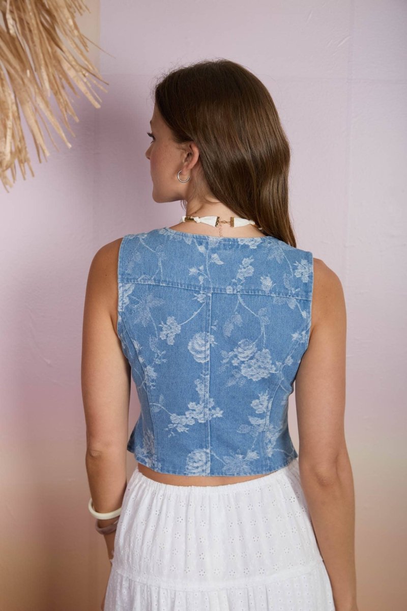Blu Pepper Floral Jacquard Button Down Denim Vest - B6SX1054-S