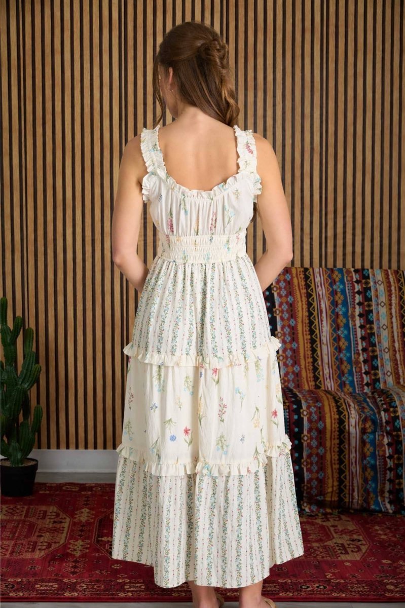 Blu Pepper Floral Colorblock Ruffled Tiered Midi Dress - Ivory Multi - CR2840-S