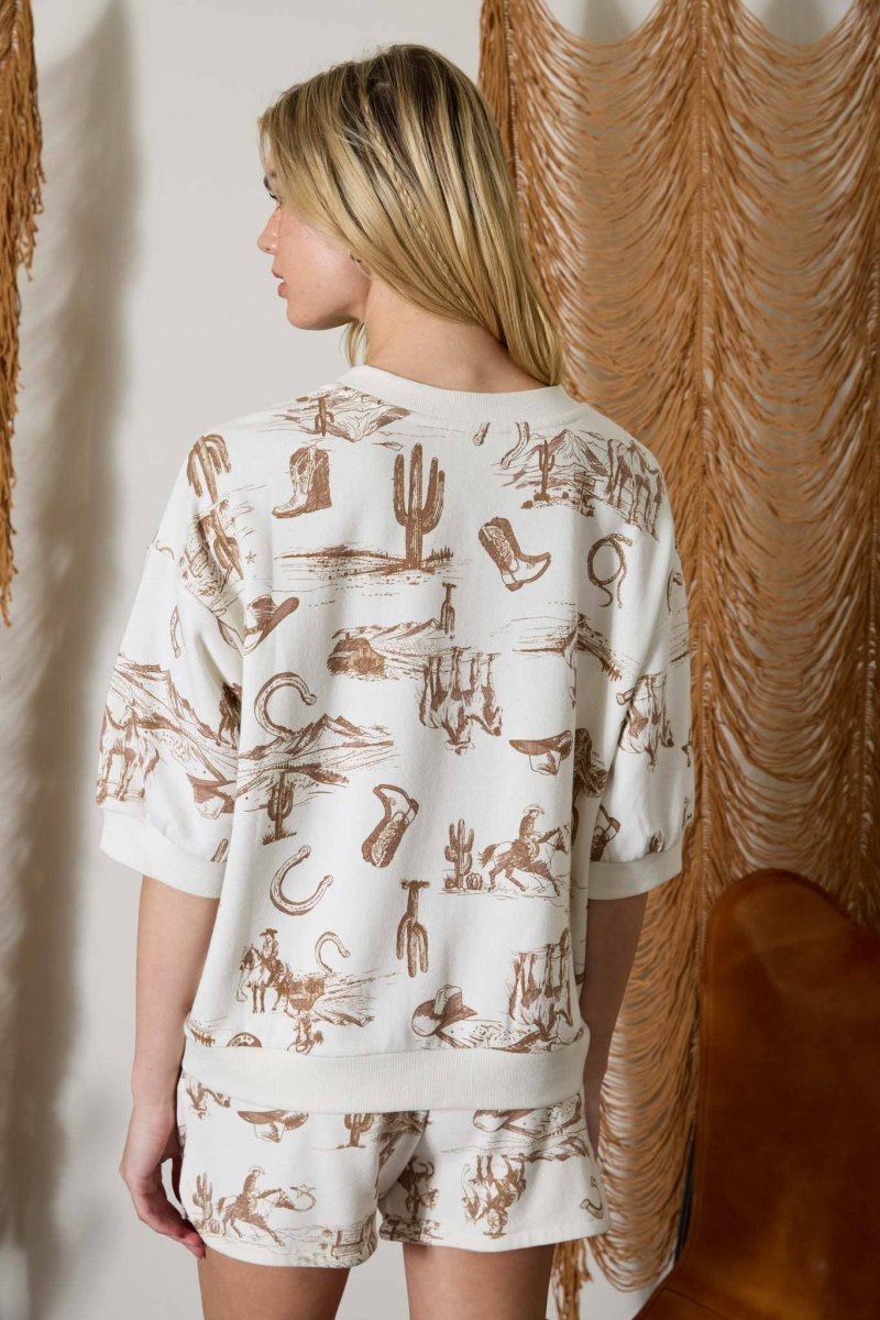 Blu Pepper Western Print Short Sleeve Drop Shoulder Knit Top - Cream Multi - J5SX1003-S