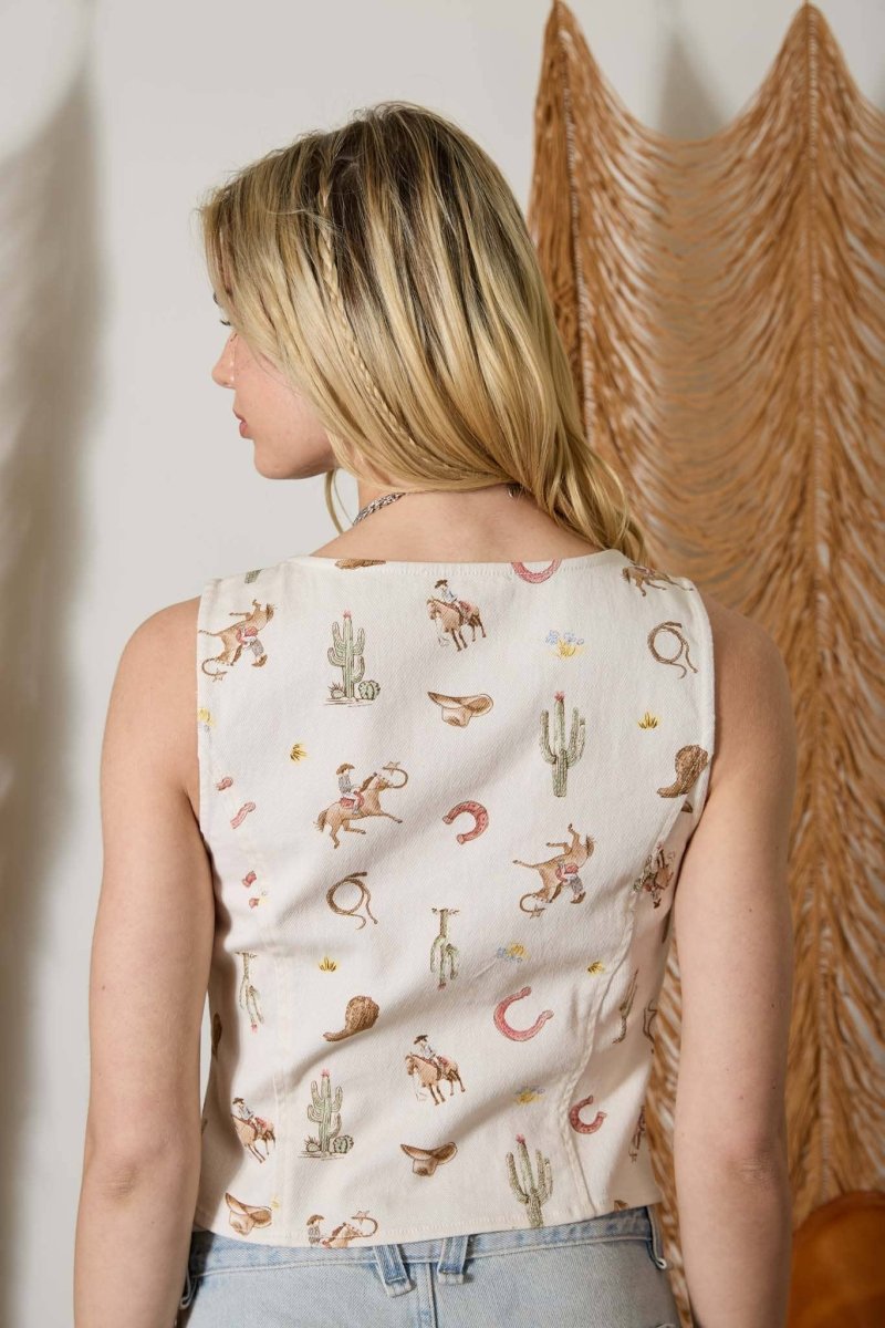 Blu Pepper Western Print Button Down Denim Vest Top - Cream Multi - J6SX1032-S