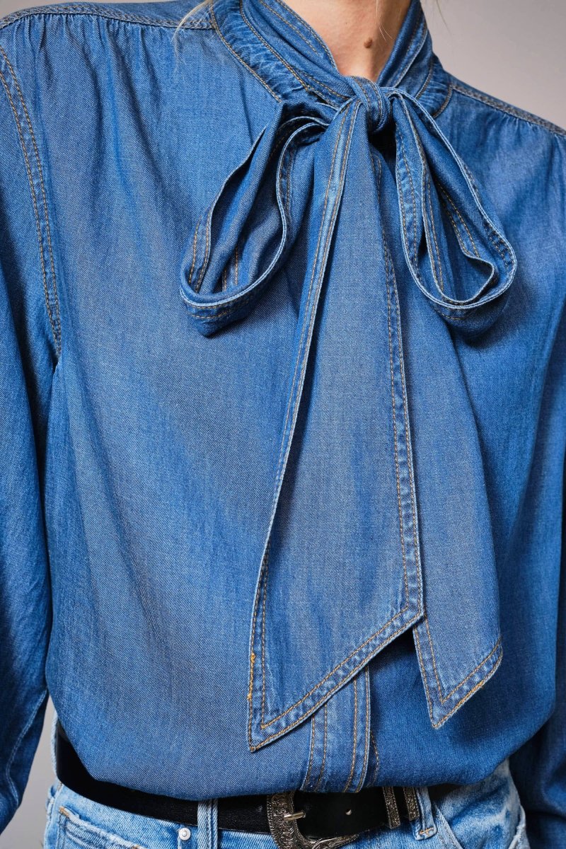 Blue B Cotton Tencel Blend Tie Neck Hidden Button Up Chambray Blouse - Medium Wash - 23612T-MEDWASH-S