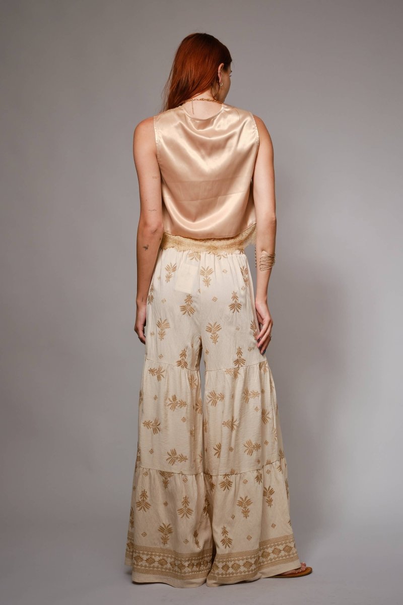 Blue B Embroidered Tassel Tie Front Tiered Palazzo Pants - Beige - 33134P-BEIGE-S