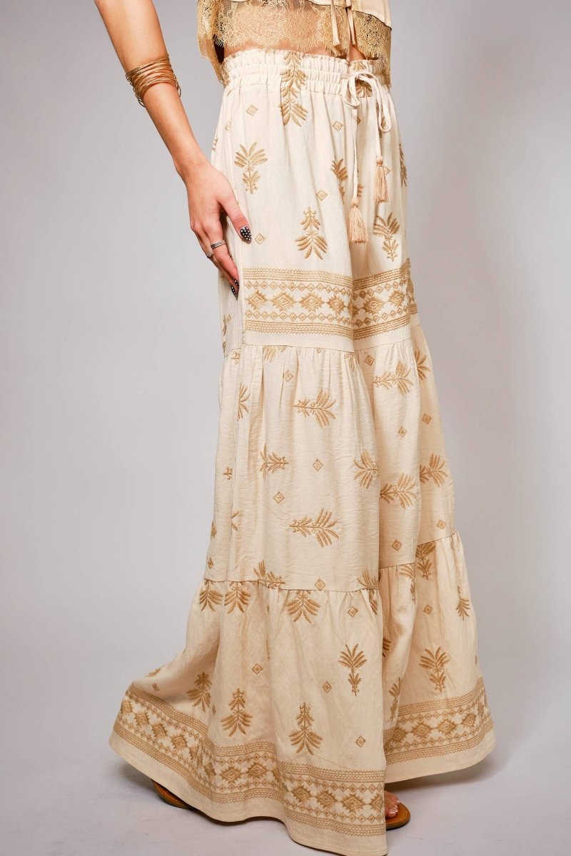 Blue B Embroidered Tassel Tie Front Tiered Palazzo Pants - Beige - 33134P-BEIGE-S